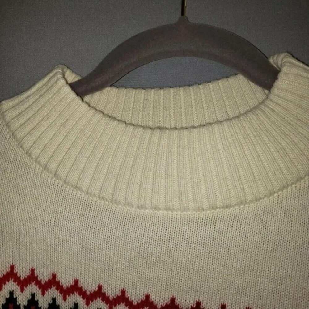 Talbots Wool Blend Fair Isle Ribbed Sweater Womens Size LP Red Black Ivory Pre-O